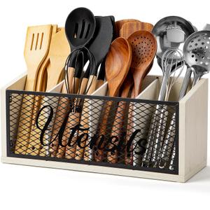 Extra Large Kitchen Utensil Holder with 4 Compartments, Wooden Cooking Utensil Holder for Counter, Farmhouse Utensil Organizer for Countertop, Spatula Holder, Rustic Kitchen Decor, White