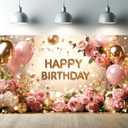 Birthday Backdrop Happy Birthday Backdrop for Women 71 x 43 Inch Polyester Birthday Party Wall Backdrop Photo Booth Background Banner for Woman Decorations (Rose Gold)