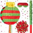 Gemscream 18 Inch Large Round Red and Green Piñata Kit with Stick Blindfold and Confetti Glitter Blank DIY Piñata for Birthday Party Game Wedding Carnival Party Supplies