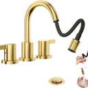 Phiestina Pull Down Sprayer Brushed Gold 8 Inch Bathroom Sink Faucet, 2 Handles 3 Hole Widespread Pull Out Bathroom Faucetwith Pop Up Drain and Water Supply Line,BF04022-K01-BG