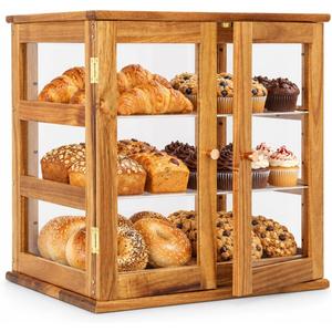Countertop Pastry Display Case, 3-Tier Acacia Wood Bakery Display Case with Acrylic Doors, Bread & Food Display Case for Coffee Shop, Kitchen Counter, Large