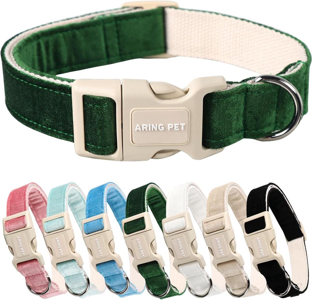 ARING PET Dog Collar-Cute Cotton Puppy Collar for Small Dogs, Adjustable Lightweight Pet Collars with Quick Release Buckle for Small Medium Large Dog (Velet-Dark Green)