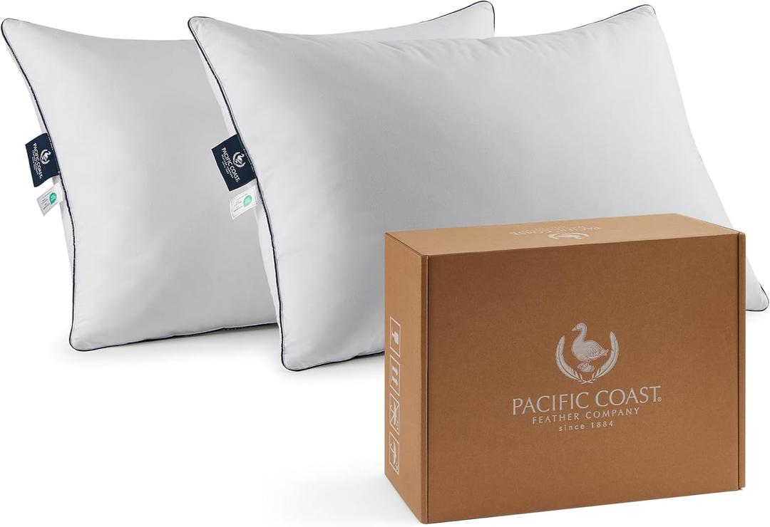 Pacific Coast Goose Feather and Down Bed Pillows Standard Size Set of 2, Hotel Pillow for Sleeping, Downproof, Soft, Fluffy, 100% Cotton Shell
