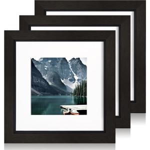 6x6 Black Picture Frames set of 3, Made of Wooden and Real Glass Square Photo frame - Displays 4x4 Picture With Mat or 6 x 6 Without Mat, Desktop & Wall Collage Frame set