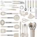 Kitchen Utensils Set-Silicone Cooking Utensils-33pcs Non-Stick Silicone Cooking Kitchen Utensils Spatula Set with Holder-Best Kitchen Cookware with Stainless Steel Handle (Khaki)