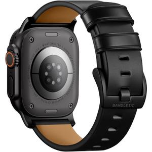 Bandletic Compatible with Apple Watch Bands for Men Women, Soft Genuine Leather Band Replacement Strap for iWatch 49mm(Ultra 3/2/1),46mm(11/10),45mm(9/8/7),44mm(SE3/SE2/SE/6/5/4),42mm(3/2/1) (Black Adapter-Black)