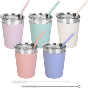 IBEIYO 5 Pack Kids Cups with Straws and Lids Water Spill Proof Toddlers Mugs with Colorful Silicone Sleeves Stainless Steel Cups Tumblers for Cold & Hot Drinks for Children and Adults 12oz) (5 Color)
