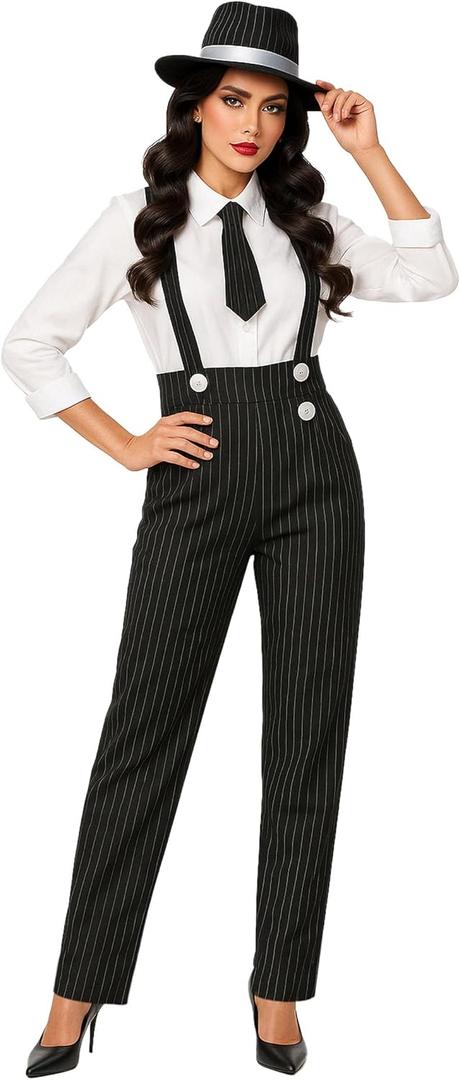 fun shack 20s Mobster Costume for Women, 1920s Gangster Outfit, Halloween Gangster Costume for Women, Vintage Style (XX-Large, Black)