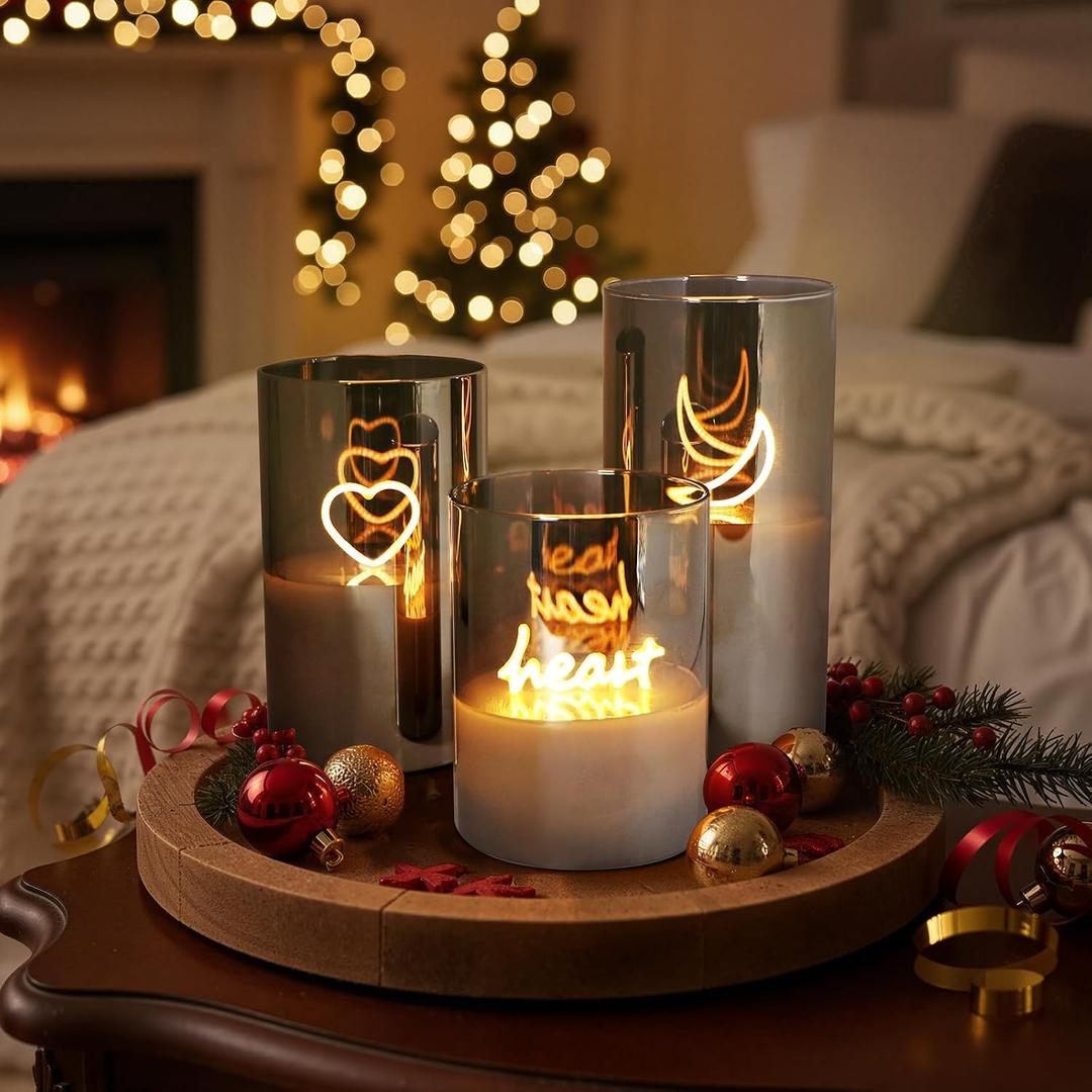 Gold Glass Flameless Pillar Candles,LED Fake Candles Battery Operated Set of 3(Love Heart and Moon)