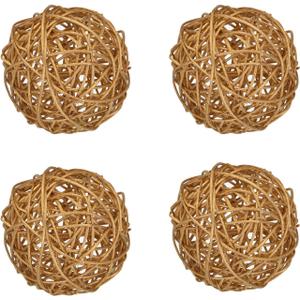 MECCANIXITY 4 Pcs Wicker Rattan Balls 3.9 Inch Rattan Decorative Balls for Centerpiece Bowls Vase Fillers Craft Home Decor Golden