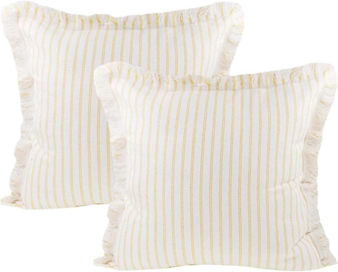 Striped Pillow Covers, Pillow Covers with Fringe,Square Cushion Covers,Chic Cotton Decorative Pillows Covers,Couch Pillow Covers or Sofa Couch Bed Living Room Yellow, 16 * 16inch/40 * 40cm