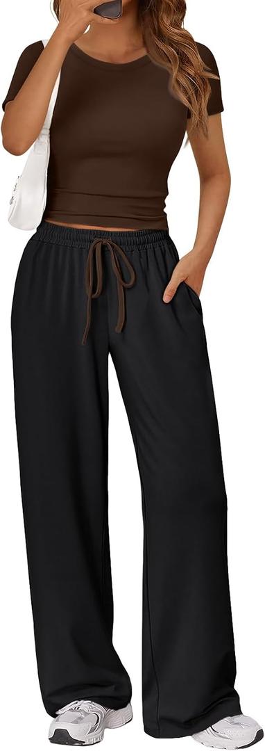 Trendy Queen 2 Piece Matching Summer Lounge Set Womens Side Ruching Top Wide Leg Pants Sets with Pockets M