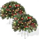 2 Pack Outdoor Christmas Tree Urn Filler 25 Inch Pre Lit Artificial Xmas Tree with Cones and Red Berries for Porch Light up Winter Filler with 70 LED Lights Stake for Front Door Yard Indoor