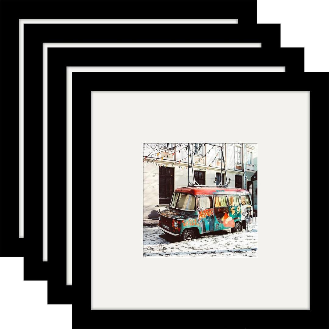 8x8 Black Picture Frames Square Nature Solid Wood 4 Pack for Wall Mounting and Tabletop Display