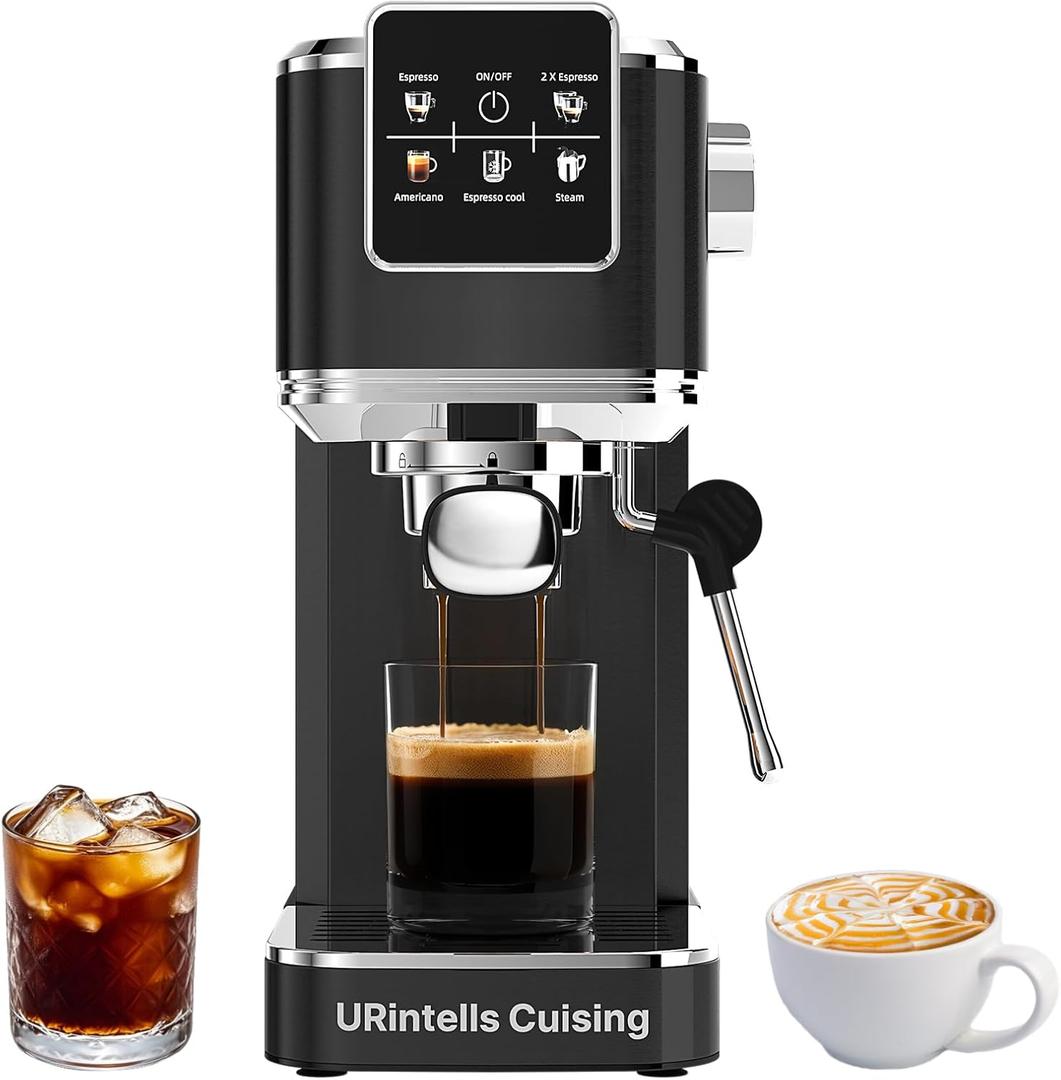 URintells Cuising Espresso Machine 20 Bar,Touch Screen Espresso Maker with Steam Milk Frother,Stainless Steel Expresso Coffee Machine for Cappuccino Latte Cold Brew,1350W Fast Heat Up System,Black