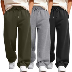 3 Pack Boys Pants Summer Cotton Blend Wide Straight Leg Lightweight Sweatpants Kids Casual Joggers with Pockets (XL)