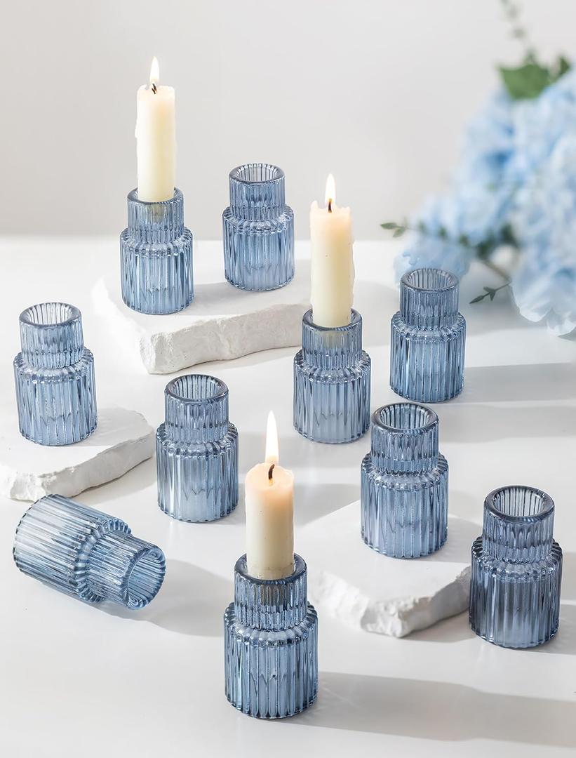 Romadedi Glass Candle Holders for Candlestick - 10 Pcs Blue Tapered Candle Sticks Holder Decor Bulk for Wedding Table Centerpiece Ribbed Taper Holder for Birthday Party Bridal Showers