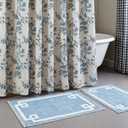 Lounsweer 3 Pcs Blue Shower Curtain Set with Non Slip Cotton Bathroom Rugs Floral Cotton Linen Cottagecore Shower Curtain for Bathroom Farmhouse Hotel Tub Decor 72 x 72