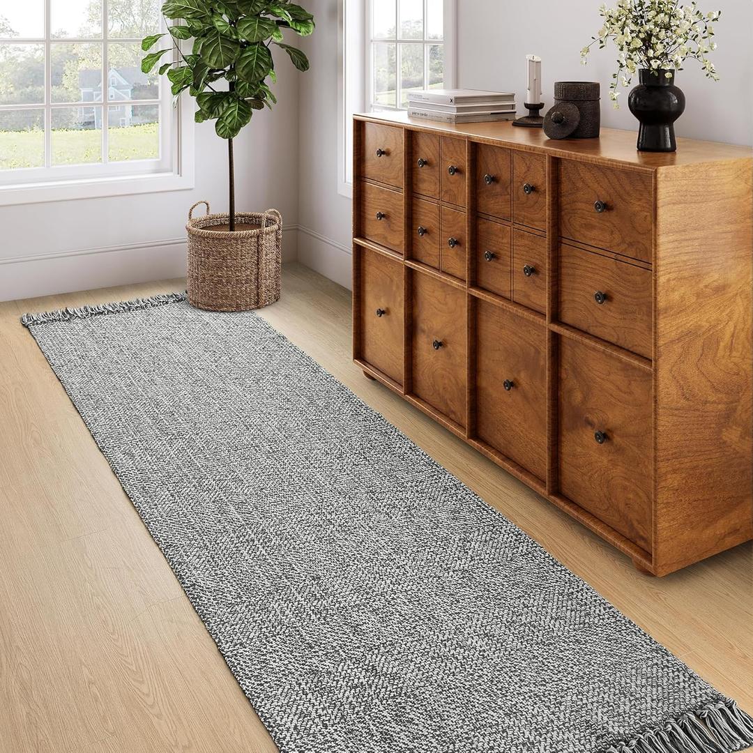 Collive Long Hallway Runner Rug 2.6' x 8', Washable Runners Indoor Entryway Rug, Grey/Cream Braided Woven Kitchen Rugs Low-Profile Front Door Floor Carpet for Laundry Room Bedroom Doorway