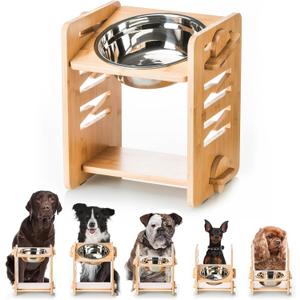Elevated Dog Bowl 4.7-11.8with Food Grade 304 Stainless Steel 51 OZ, 9 Heights Bamboo Dogs Bowl Stand for Medium and Large Dogs, 1 Pack