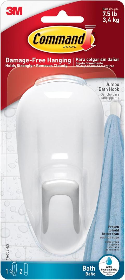 Command Bathroom Hook with Water-Resistant Strips, 1-Hook, 2-Strips, Organize Damage-Free