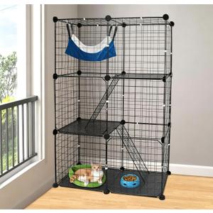 3 Tier Cat Playpen Cage, Metal Detachable DIY Indoor Cat Enclosures Kitten House Exercise Place Kitten Crate with 3 Doors 2 Ladders for 1-2 Cats