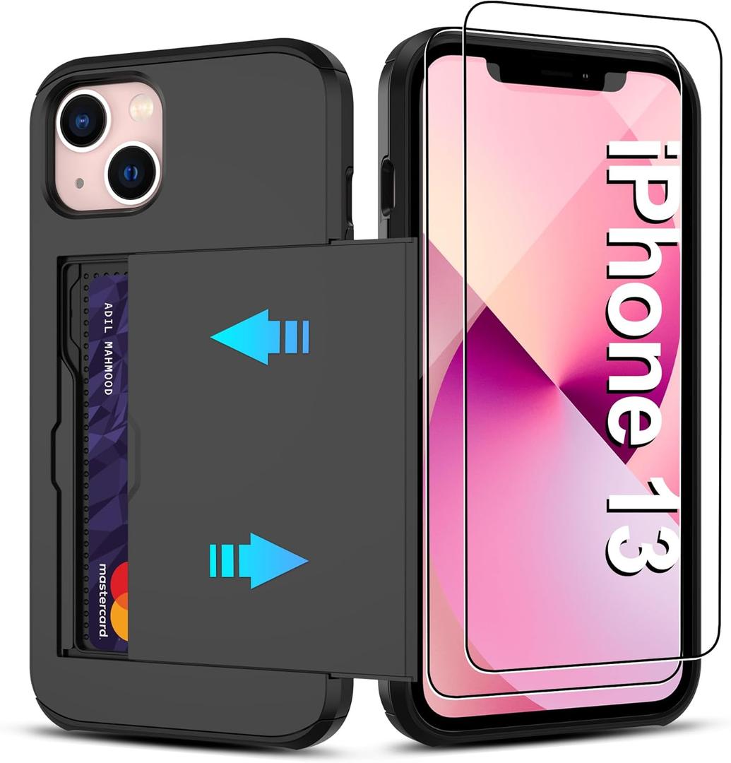 for iPhone 13 Case with Card Holder2 Pcs HD Screen Protector i Phone 13 Case Slim Heavy Duty Dual Layer Shockproof DesignHidden Card Slot  Wallet Case for iPhone 13 Phone Case -Black