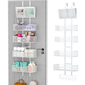 Hongtamoya Adjustable Over The Door Organizer, Hanging Door Storage with PVC Pocket and 4 Metal Baskets Wall Mount, Closet Door Organizer Behind Door Rack for Bathroom Bedroom Closet, White