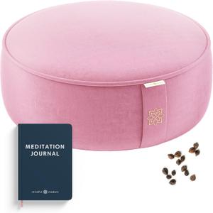 Mindful Modern Velvet Meditation Cushion | Luxe Zafu Yoga Floor Pillow Seat | Posture Support | Buckwheat Hull Filled | Large Round Cushion with Removable Washable Cover + Carry Handle (Blush Pink)