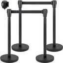 VEVOR Crowd Control Stanchion, Set of 4 Pieces Stanchion Set, Stanchion Set with 6.6 ft/2 m Black Retractable Belt, Black Crowd Control Barrier w/Concrete and Metal Base - Easy Connect Assembly