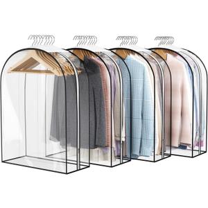 Liuoud Clear Garment Bag for Hanging Clothes 10” Gusseted, 32” Suit Bags for Open Closet Storage Plastic Clothes Cover for Coat, Dress, Shirts, Fur, Jacket, Wardrobe Protectors, 4 Pack