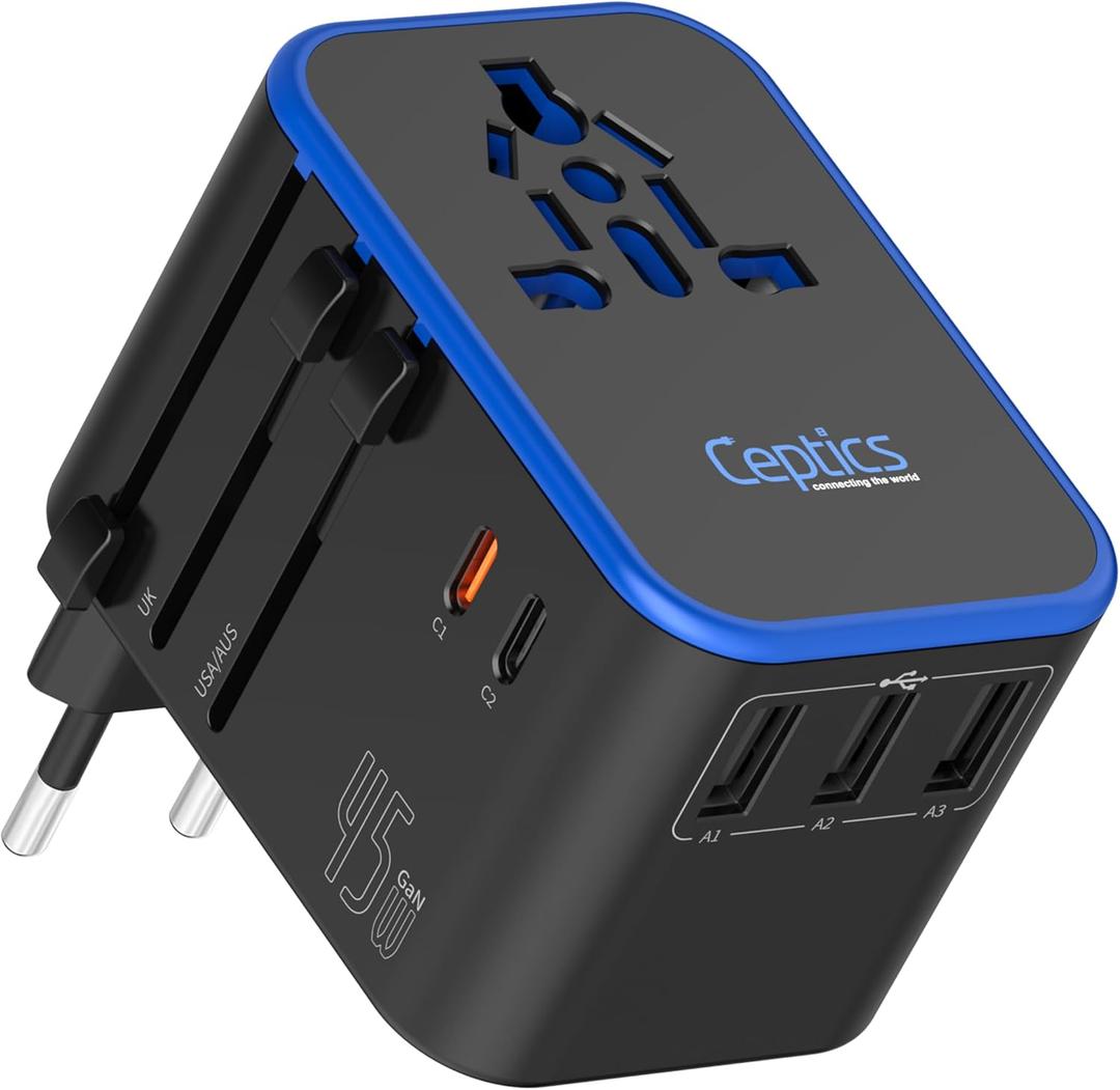 Universal Travel Adapter, 45W International Power Adapter with PD & QC 3.0 Dual USB-C, 3 USB Travel Adapter Worldwide, Type I C G A Outlets - EU Euro US UK (11-KU)