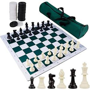 Juegoal 20" Portable Chess & Checkers Set, 2 in 1 Travel Board Games for Kids and Adults, Folding Roll up Chess Game Sets, Extra 26 Checker Pieces, Tournament Thick Mousepad Mat with Storage Bag