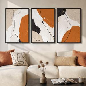Large Framed Burnt Orange Abstract Wall Art for Living Room, 24x36 Inch | 3 Piece, Canvas print, Modern artwork, Minimalist line, Bedroom picture, Dining room decor, Office decor, Solid wood frame