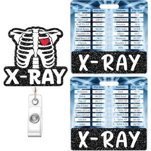 Xray Radiology Badge Reel and Buddy, Skeleton Skull Retractable ID Holder and Badge Buddy w/X-Ray Parameter Conversion Charts, Work Accessories Gifts for Radiology Tech Student