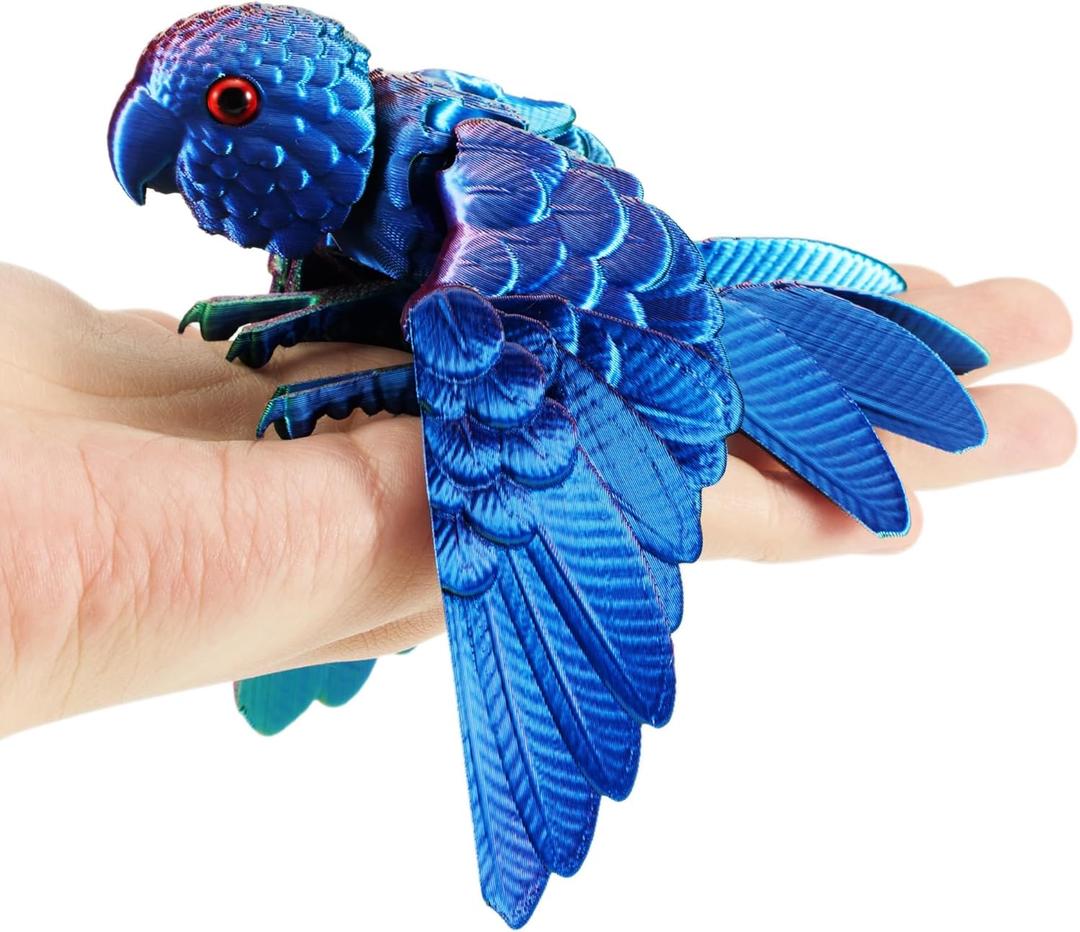 3D Printed Articulated Parrot Figure with Movable Wings, Flexible Joint Bird Desk Fidget Toy, Colorful Collectible Home & Office Decor Gift (Iridescent Ocean Blue & Purple)