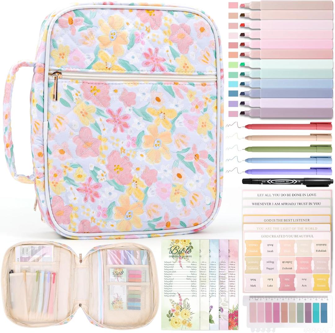 XKDOUS Large Bible Bags Floral Bible Cover with Durable Handle, Tabs, Pens, Study Supplies Carrier Organizer, Church Book Carrying Case Christmas Gifts for Women (Cotton Orange)