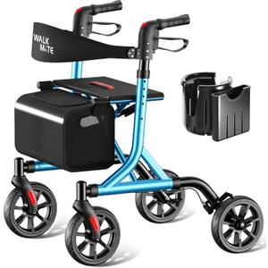 WALK MATE Rollator Walker for Seniors with Cup Holder, Upgraded Thumb Press Button for Height Adjustment, 4 x 8 Wheels Walker with Seat Padded Backrest Folding Lightweight Walking Aid, Blue