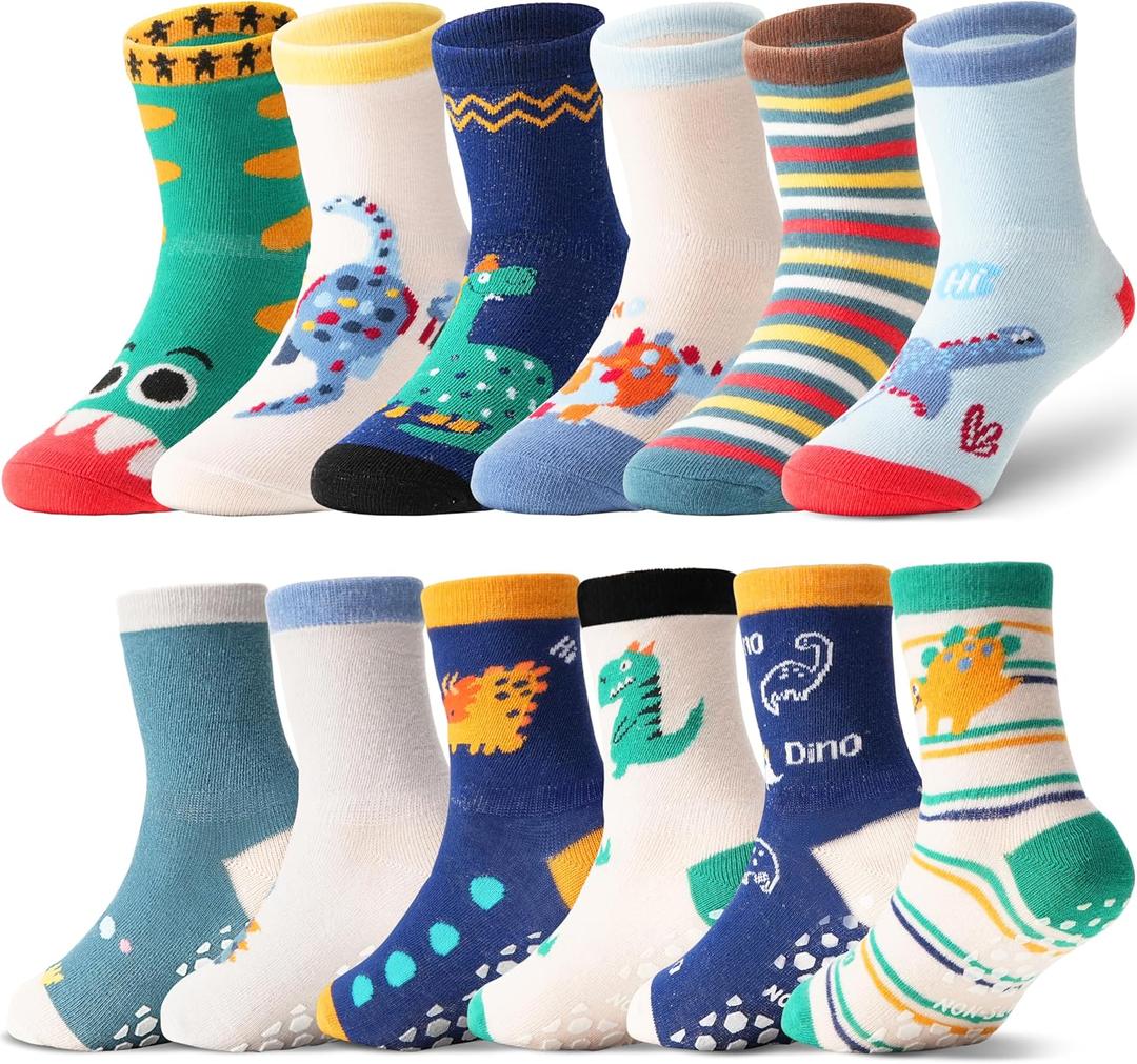 ANTSANG 12 Pairs Baby Girls Boys Toddlers Kids Grips Socks Crew Cotton Non-Slip/Anti-Skid Grips Socks (5-8 Years, Dinosaur)