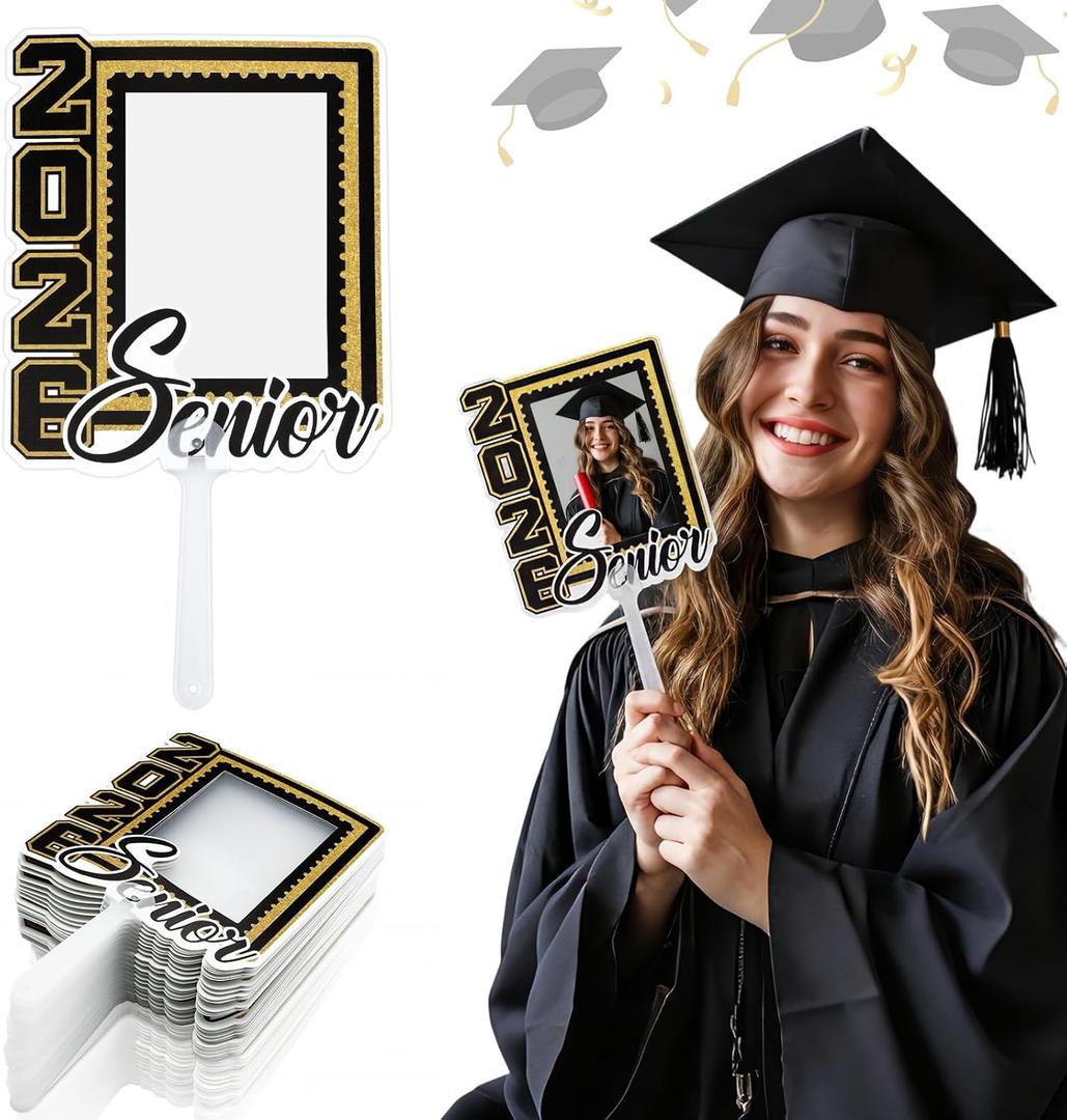 Junkin 24pcs Graduation Fans Custom Face Fans with Handle Double Sided Personalized Big Head Cutout on a Stick Class of 2026 Grad Photo Props Blank DIY Frame for Graduate Party Souvenirs(Black)