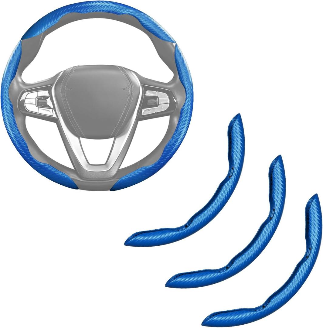Carbon Fiber Steering Wheel Cover 3pcs Anti-Slip Car Steering Wheel Accessories Snap on Grip 15 inch Universal Blue