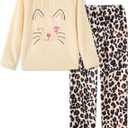 Funnycokid Girls Fleece Pajamas Set Kids Soft Flannel Pjs Pullover Top Pants Loungewear Beige Cheetah, 9-10 Years