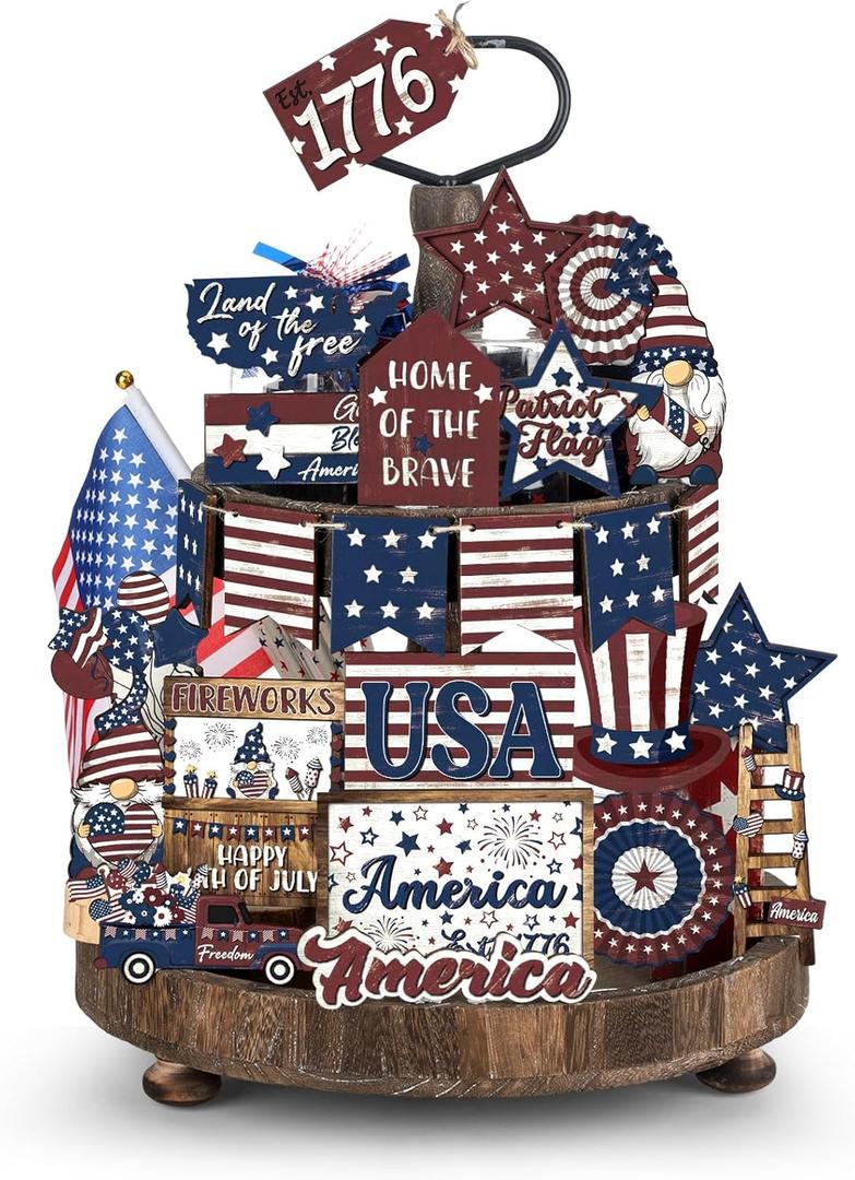 25 Pcs 4th of July Tiered Tray Decorations Set Wood Patriotic Decoration Rustic American Flag Star Red White Blue Farmhouse Decor for Memorial Day 250th Anniversary Home Indoor Birthday Party(Classic)
