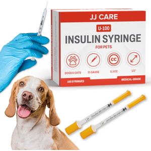 JJ CARE Insulin Syringe for Pets (Pack of 100) 31g 3/10cc 1/2, U-100 Pet; Accurate Dosing Pet Syringes with Needle, Half Unit Markings Syringes for Cats and Dogs