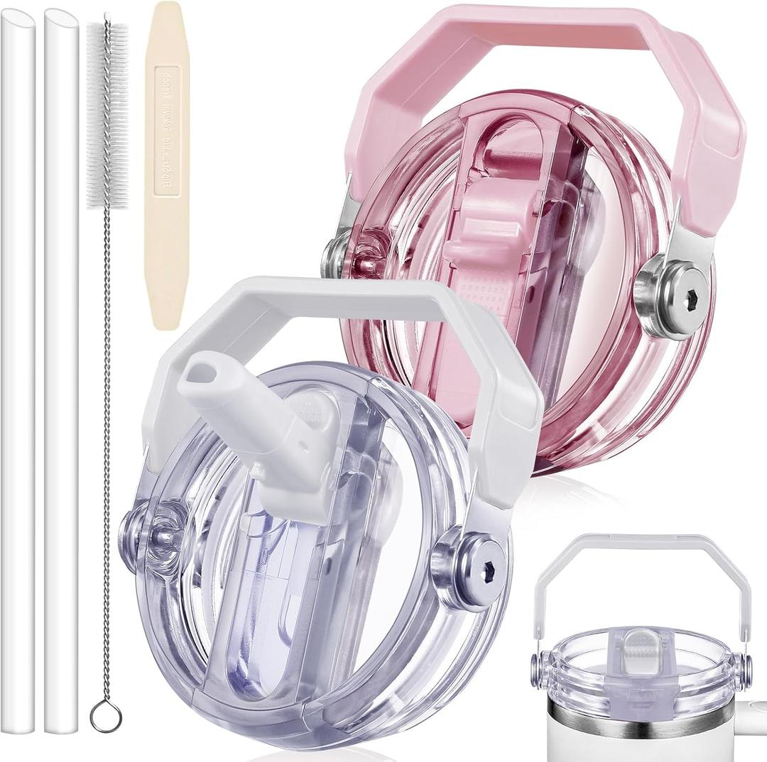 2 Pack Leakproof Portable Lid Replacement 30 oz Only for Stanley Quencher H2.0 Tumbler Cup Accessories, Detachable Flip Straw Lids, Heat-Resistant, Spill Proof Cover (White, Rose Quartz)