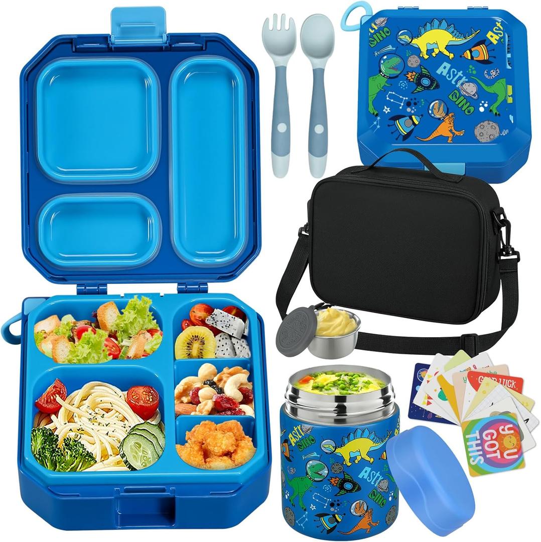 Bento Lunch Box for Kids with 12oz Soup Thermo Leak-Proof Lunch Food Container with 5 Compartment Thermo Hot Food Jar and Insulated Lunch Bag for Kid Toddler Girls Boys to School (Blue - Dinosaur)