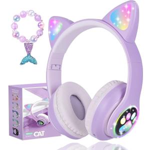 Wireless Cat Ear Headphones for Kids, LED Light Up Kids Girls Bluetooth Headphones with Microphone for School/Travel/Sports/Gaming/Gifts/Christmas (Purple)