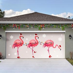 Buryeah 6 x 13 ft Christmas Flamingo Garage Door Decorations Christmas Garage Door Banner Large Flamingo Backdrop Holiday Cover Murals for Xmas Indoor Outdoor House Wall