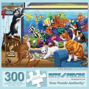 Bits and Pieces - 300 Piece Jigsaw Puzzle for Adults - 18" x 24" - Fishy Business - 300 pc Large Piece Cats Kittens Fish Tank Jigsaw by Nancy Wernersbach