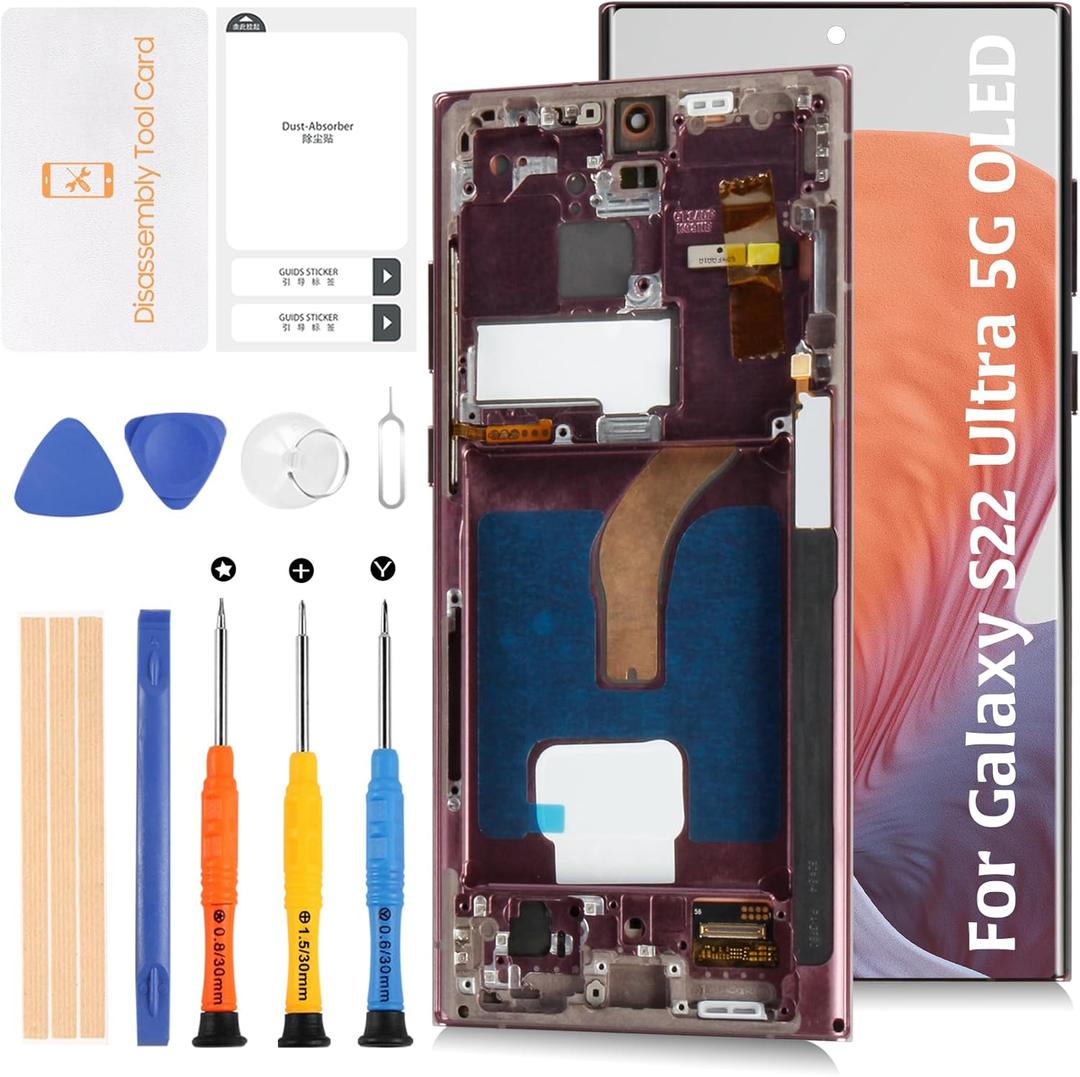 AMOLED for Samsung Galaxy S22 Ultra 5G S908 (Fingerprint Support/Not OEM 6.8) +Burgundy Frame LCD Screen Display Replacement Touch Digitizer Assembly Kit